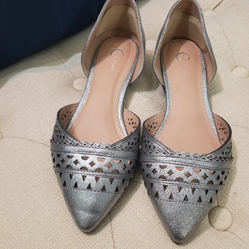 Pewter metallic laser cut D'Orsay flats